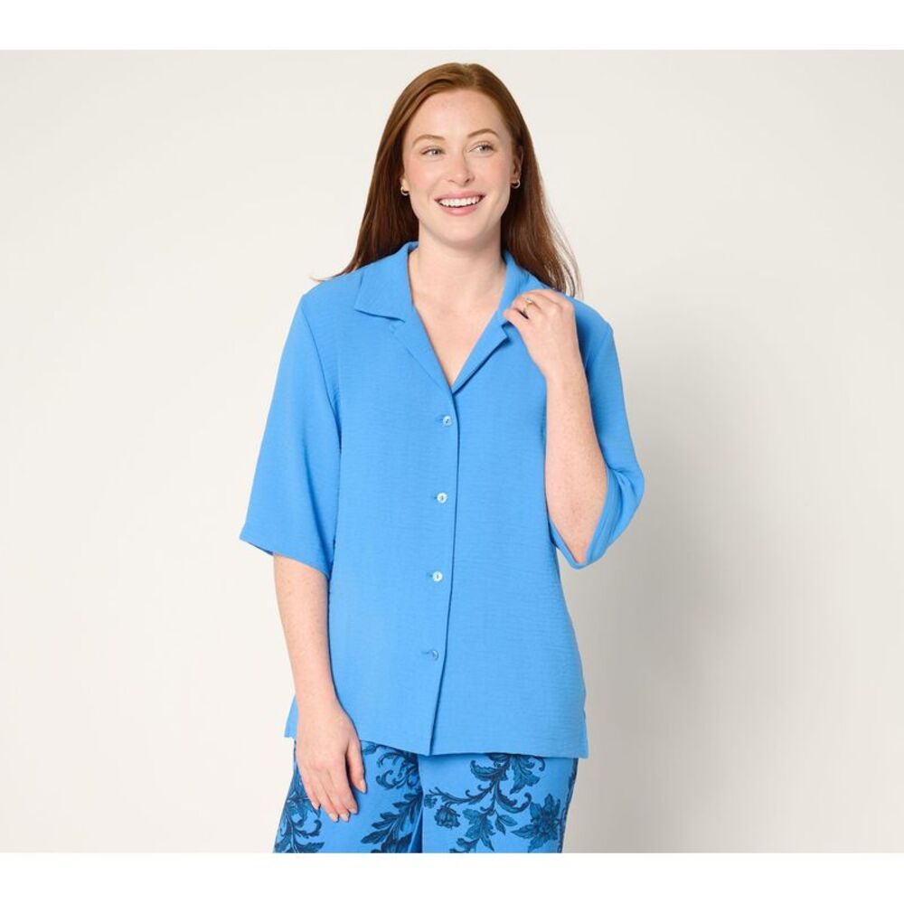 Liberare Women's Top Plus Sz 1X Woven Button Front Cabana Shirt Blue A695150